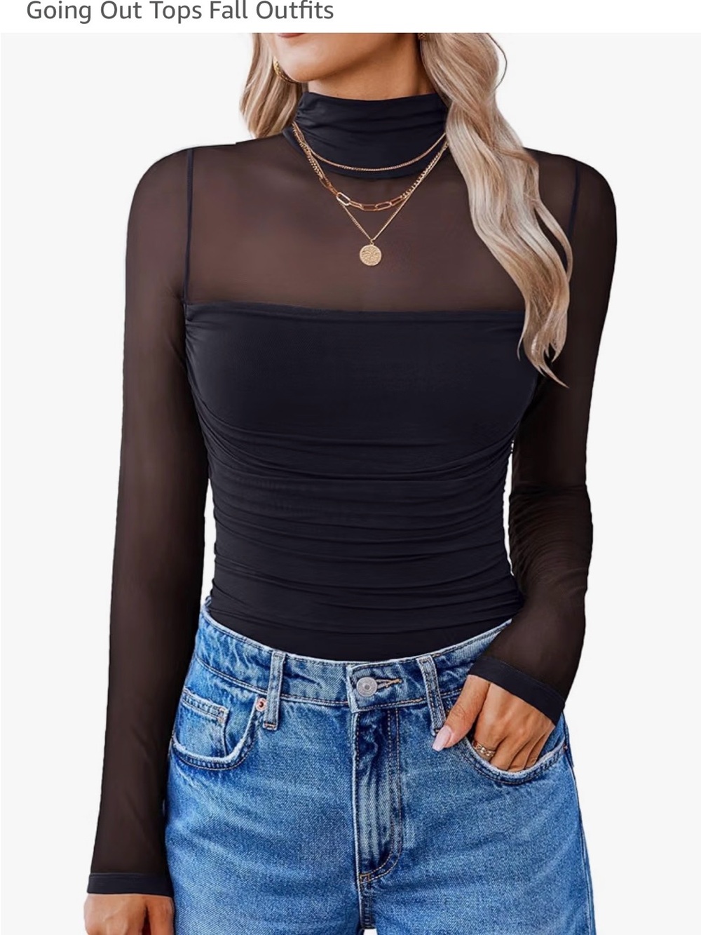 Black Sheer Mock Neck Long Sleeve Top - Women